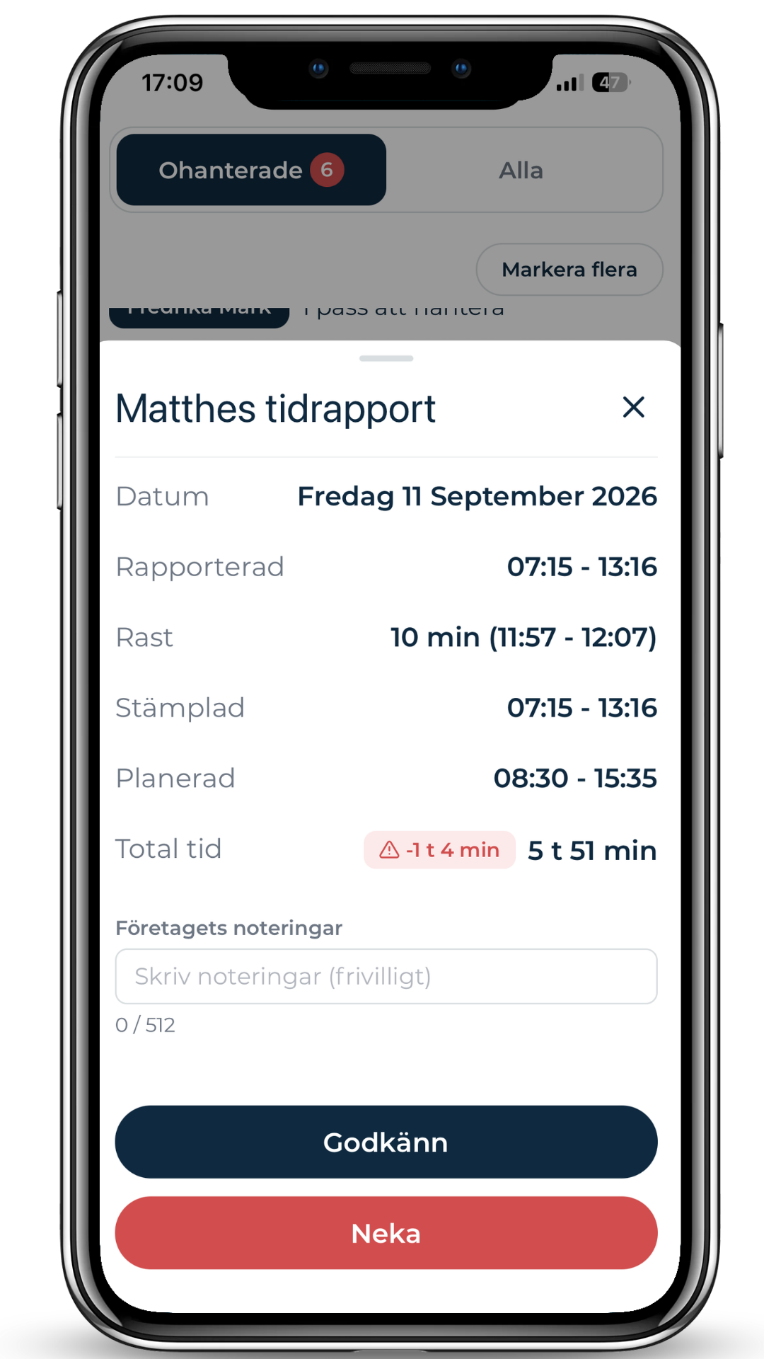 Öppen tidrapport med rapporterad, stämplad och planerad tid i Simflexitys mobilapp