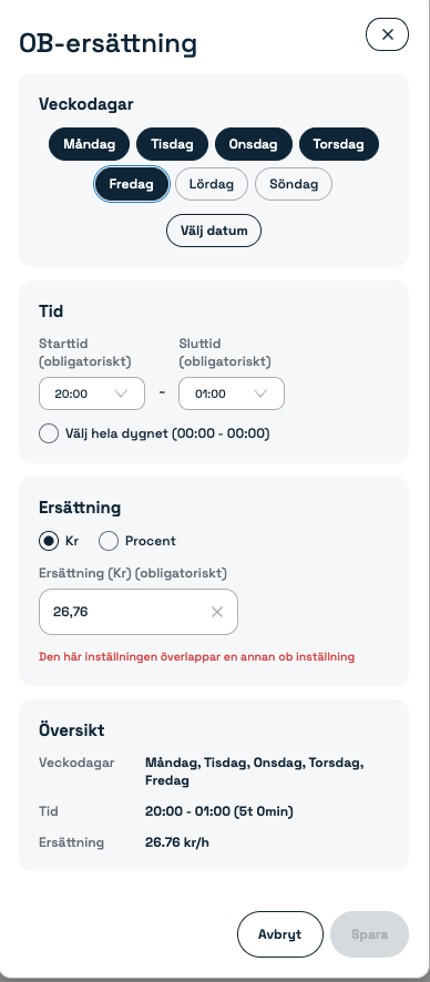 Varning om överlappande OB-inställning i Simflexity