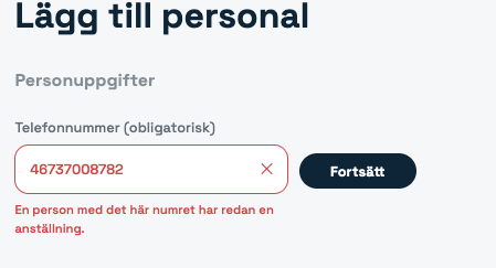 Felmeddelande i Simflexity: en person med det här numret har redan en anställning