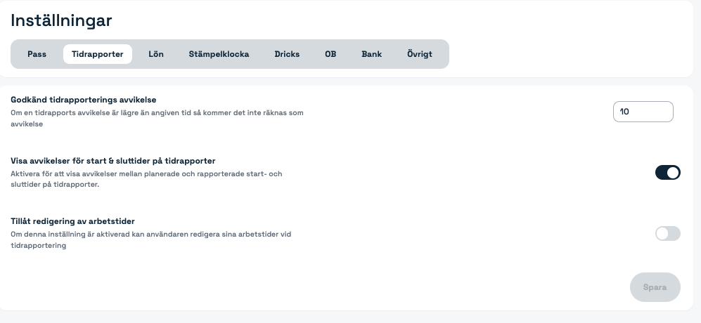 Inställningar med fliken Tidrapporter i Simflexity