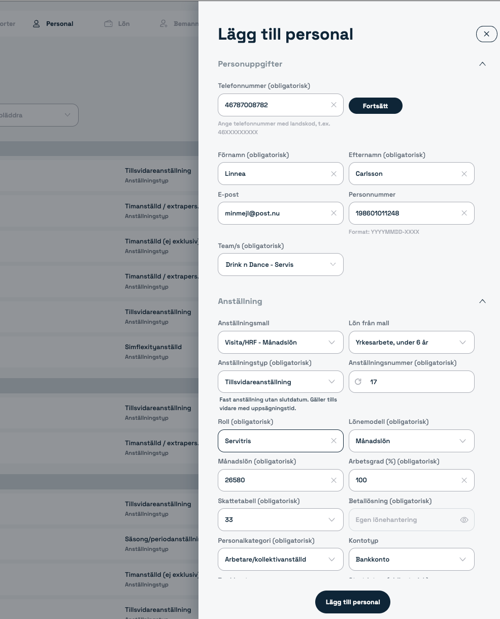 Formuläret Lägg till personal i Simflexity med personuppgifter och anställningsuppgifter
