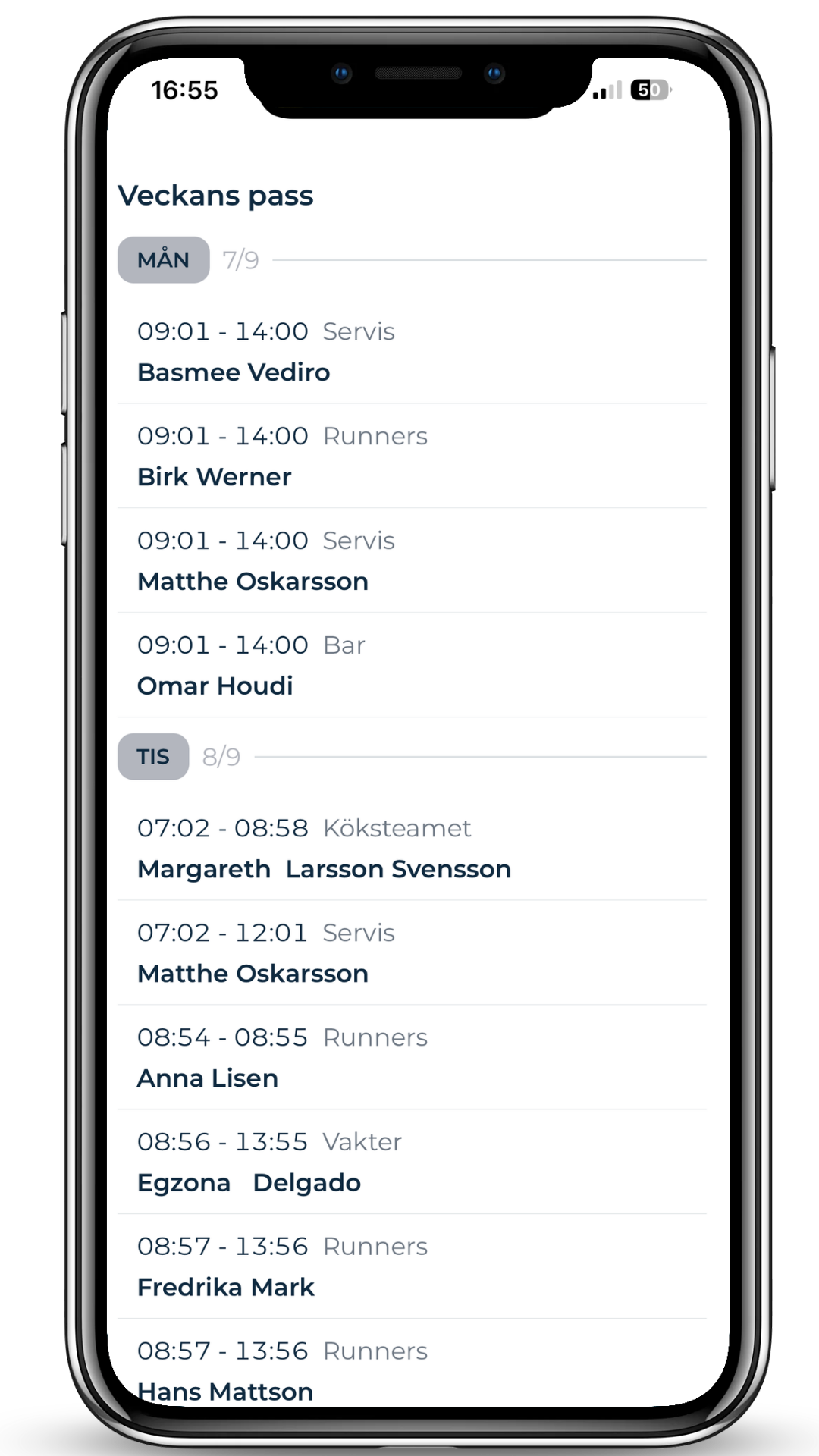 Mobil komprimerad vy med veckans pass i en tätare lista