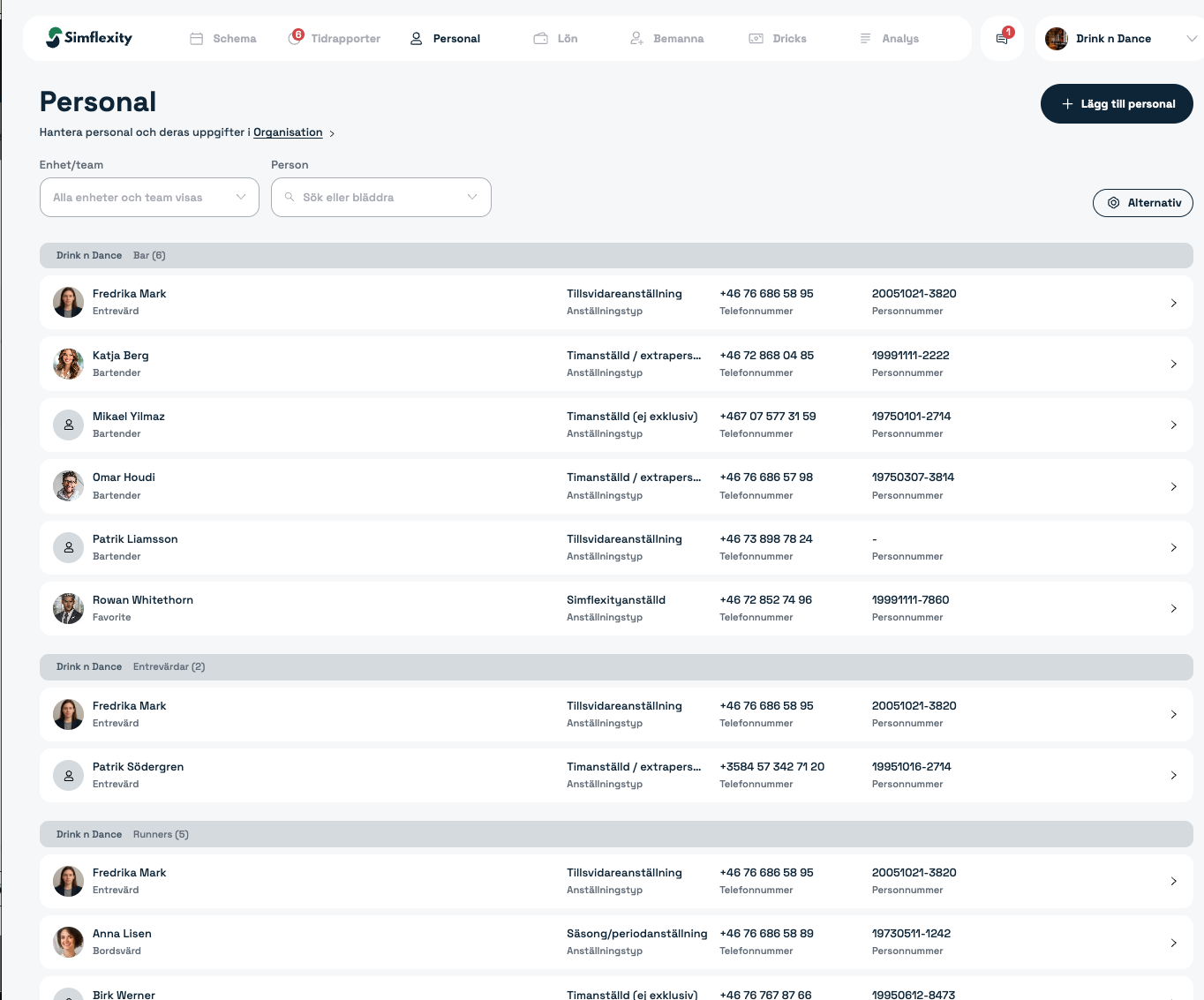 Personallistan i Simflexity med anställdas namn, team, anställningstyp, telefonnummer och personnummer