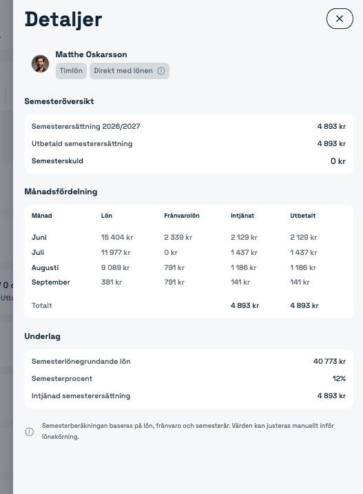 Detaljvy för en timavlönad arbetare med semesterersättning direkt med lönen