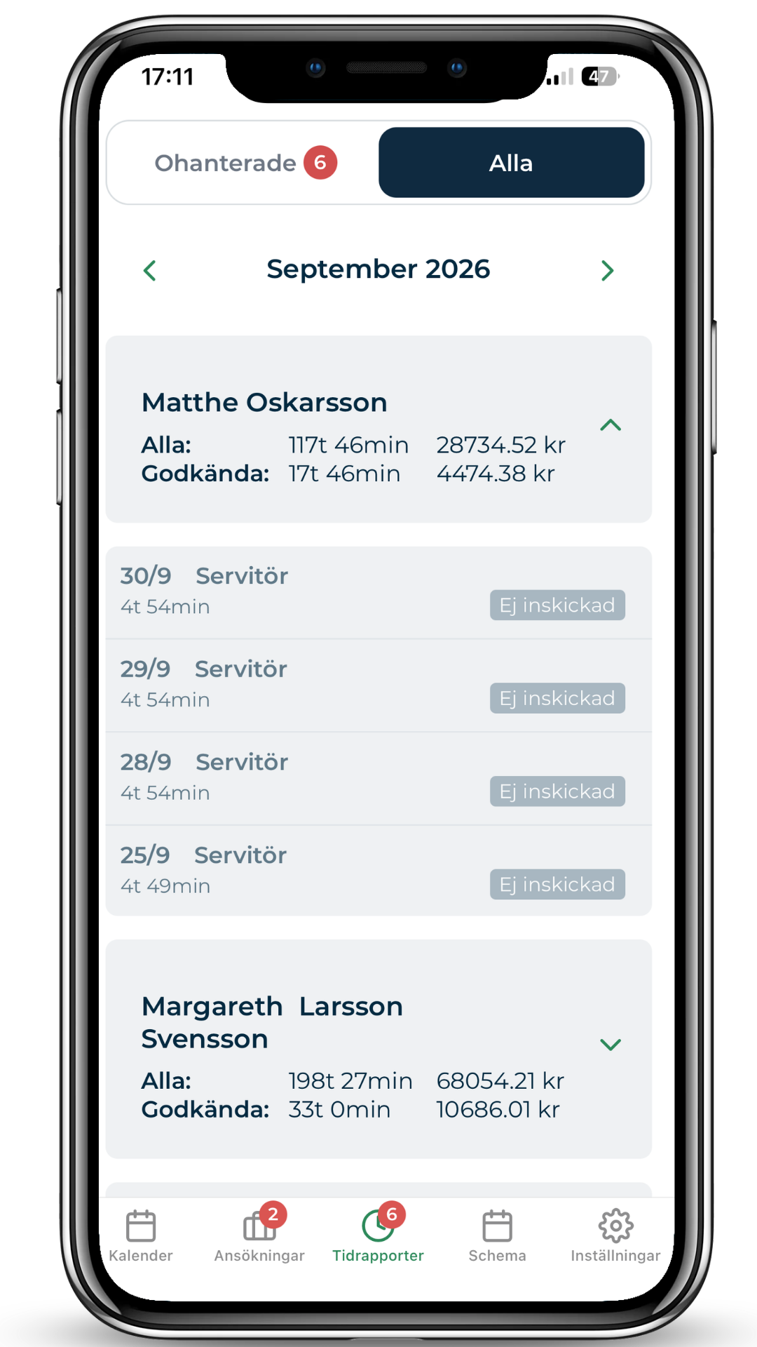 Alla tidrapporter med månad och sammanställning per person i Simflexitys mobilapp