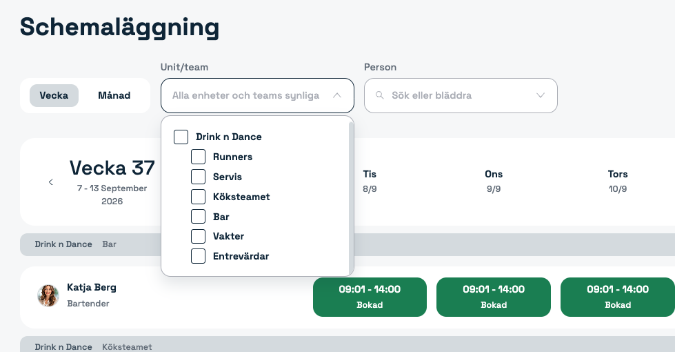 Filtret Enhet/team för att välja vilken del av organisationen som visas
