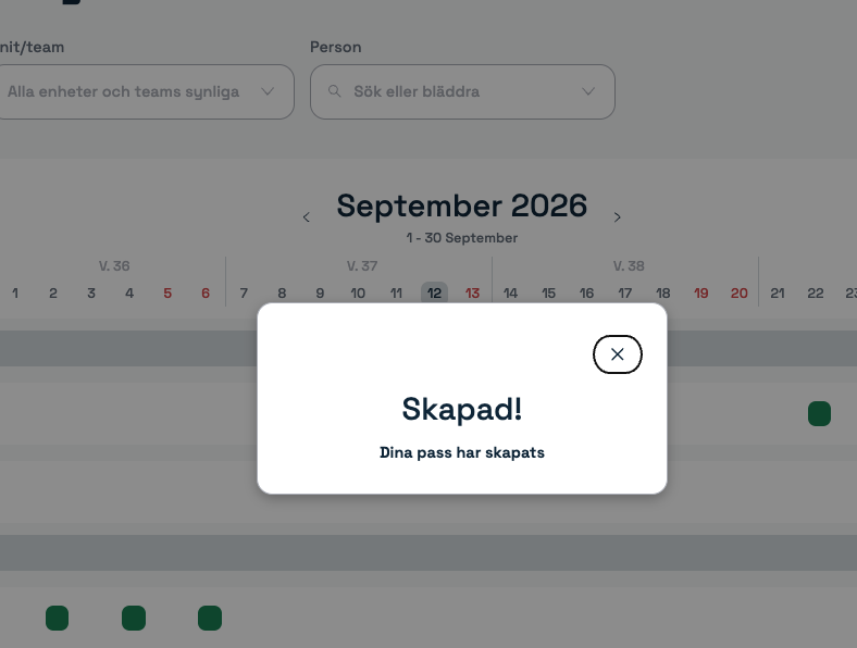 Bekräftelsen Skapad! Dina pass har skapats