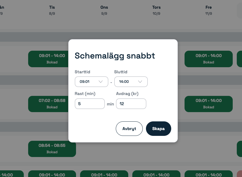 Snabbschemalägg genom att klicka på en ledig dag för en person