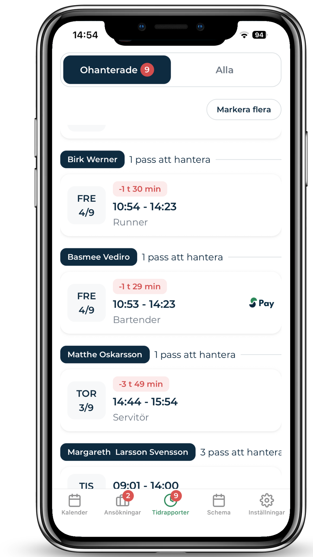 Ohanterade tidrapporter grupperade per person i Simflexitys mobilapp