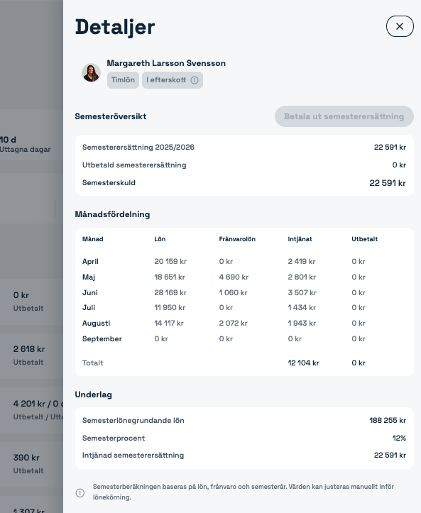 Detaljvy för en timavlönad arbetare med semesterersättning i efterskott, månadsfördelning och underlag