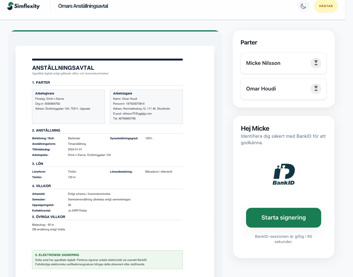 Signeringssidan för anställningsavtalet i Simflexity med dokumentförhandsgranskning och knappen Starta signering