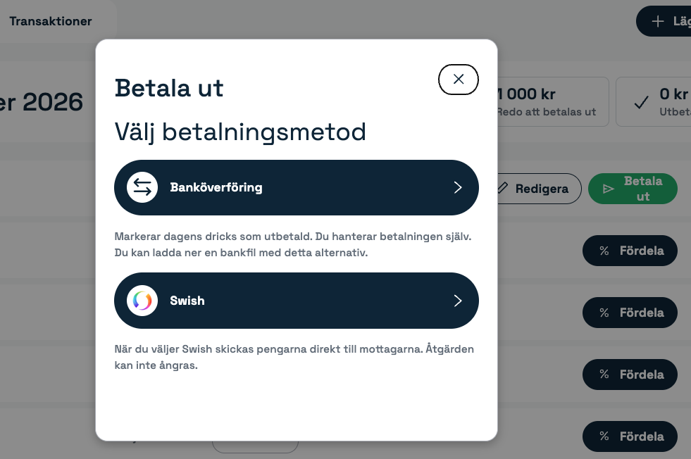 Dialogen Betala ut med valen Banköverföring och Swish
